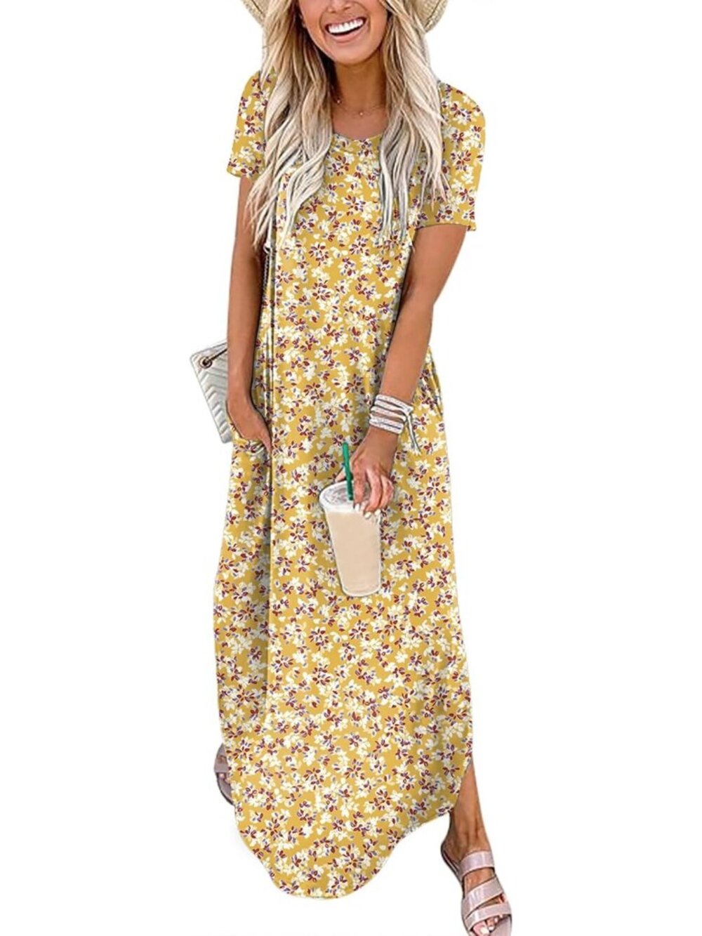 Women's Floral Yellow Red Summer Maxi Dress Short Sleeve Casual Split T Shirt